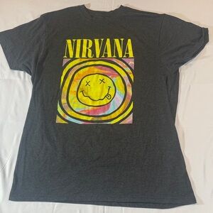 NIRVANA Tie-Dye Smiley Logo Tee - Yellow, Pink, Blue, Green on Dark Gray